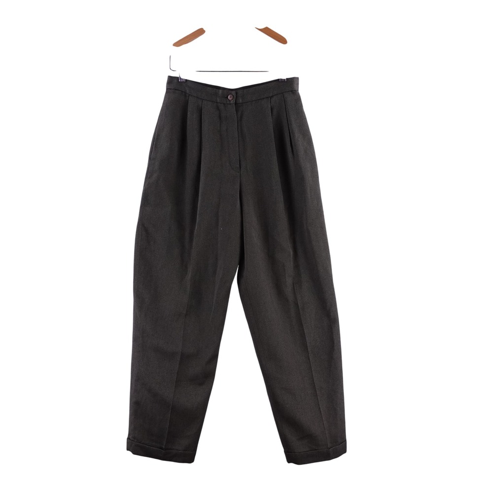 Vintage Mens 29x26 Pleated Tapered Trousers Dark Olive Green Cuffed Dress Pants